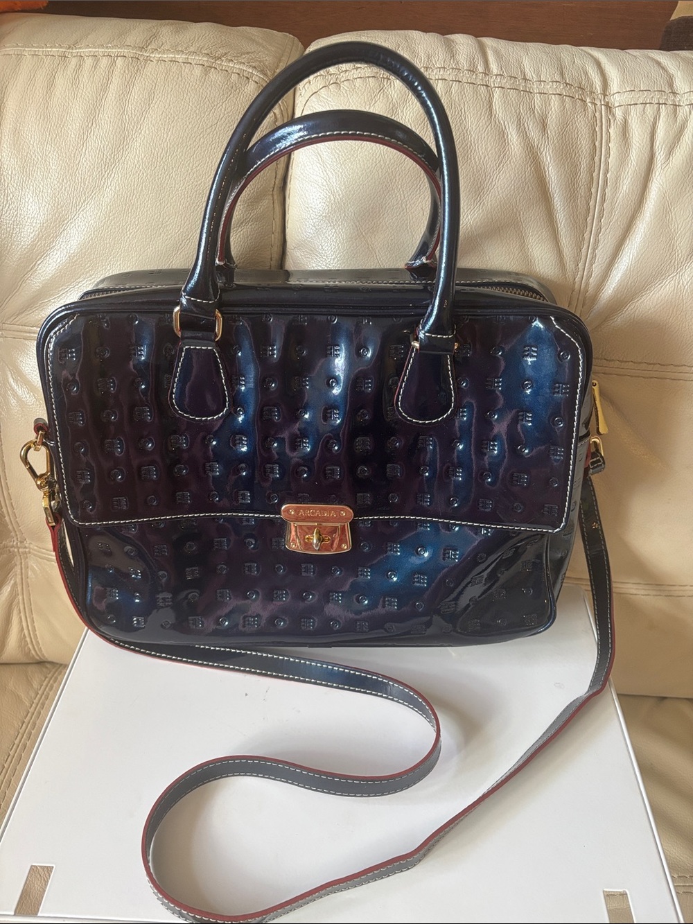 Arcadia Patent Leather Structured Satchel Handbag in Dark Navy